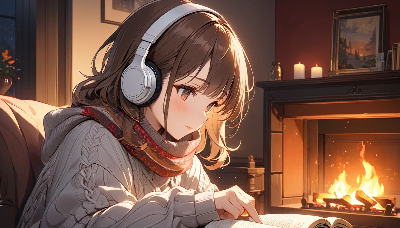 Brown-haired girl wearing headphones、In front of the fireplace. Very detailed.、masterpiece, Highest quality, Light background:Front view of the fireplace:Calm and relaxed outfit:Thick sweater and scarf pose:Reading a book in front of the fireplace:Warm firelight and reading time
(Detailed fingers), (Emotional), (Breathtakingly beautiful), (main part:1.2 Whole body), (Anime Style), (Very detailed), (超High resolution, High resolution), (8k), (Complex and beautiful: 1.2)