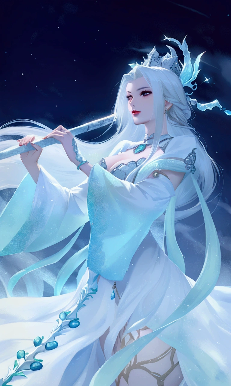a close up of a woman in a white dress with a sword, white haired deity, queen of the sea mu yanling, ((a beautiful fantasy empress)), heise jinyao, beautiful celestial mage, xianxia fantasy, a beautiful fantasy empress, ice sorceress, inspired by Lan Ying, she is holding a long staff, carrying a magical staff