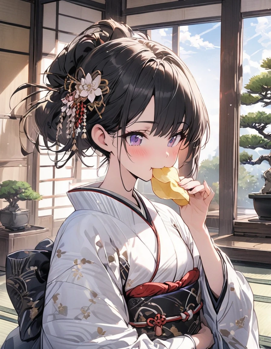 Masterpiece, one girl,Black hair, ((( eating potato chips))), luxurious kimono, tied hair, beautiful hair ornament, Japanese room, tatami, bonsai,Upper body, Sunny day