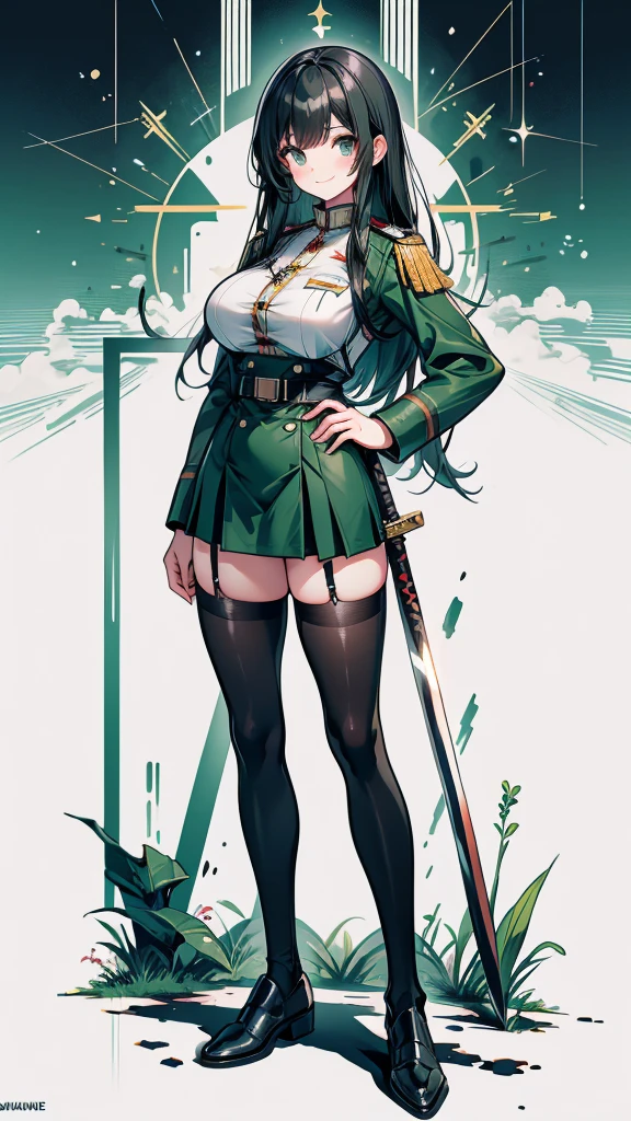 Adult female　long hair　bangs　Hime cut　Black Hair　expensive　smile　Big Breasts　Dark green German military uniform　Tight Skirt　spats　Hold the sword at your waist　battlefield