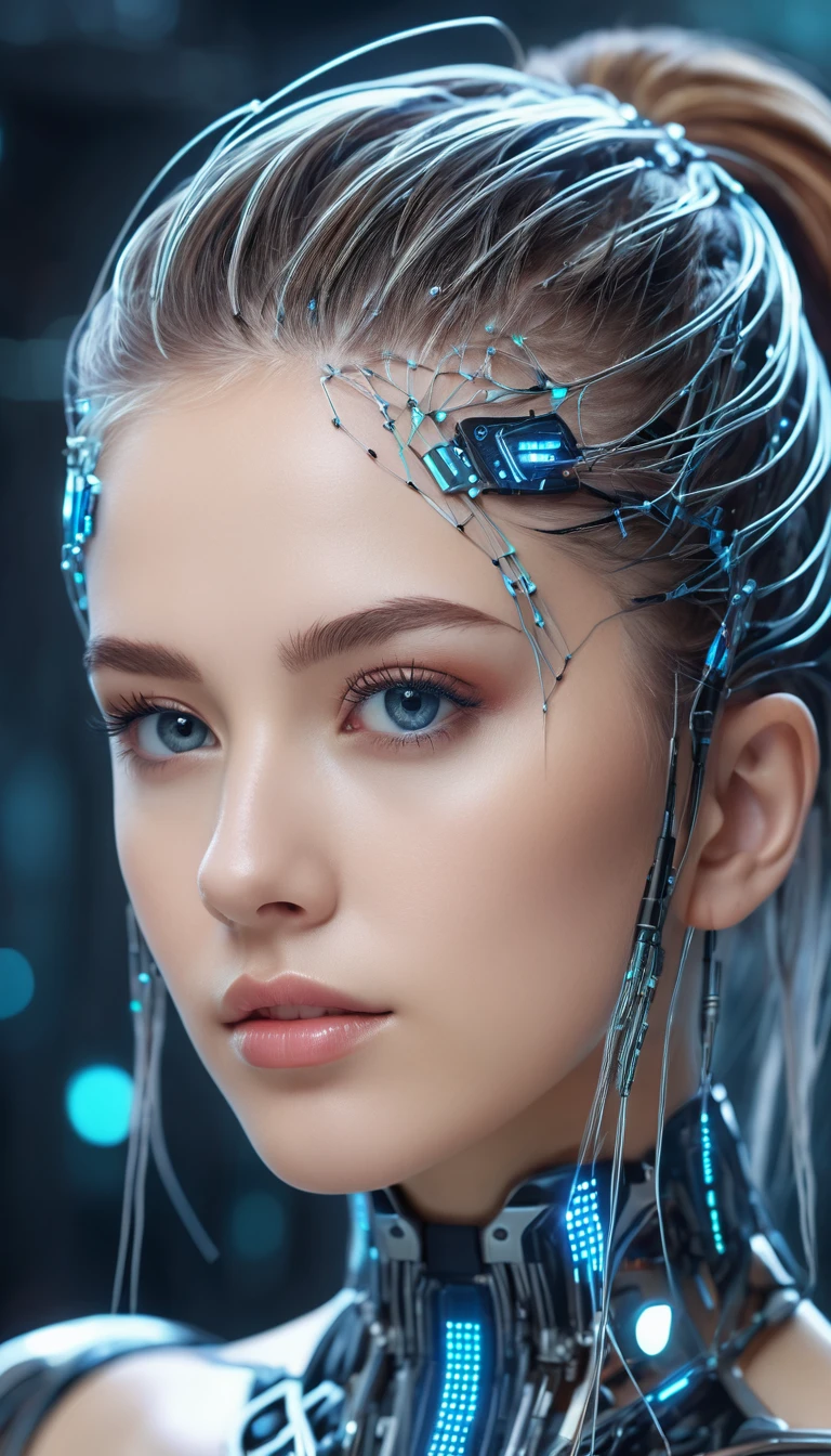 A beautiful futuristic cybernetic girl with hair with strands of neural networks, Futurism, UHD, super detail, best quality, 8k