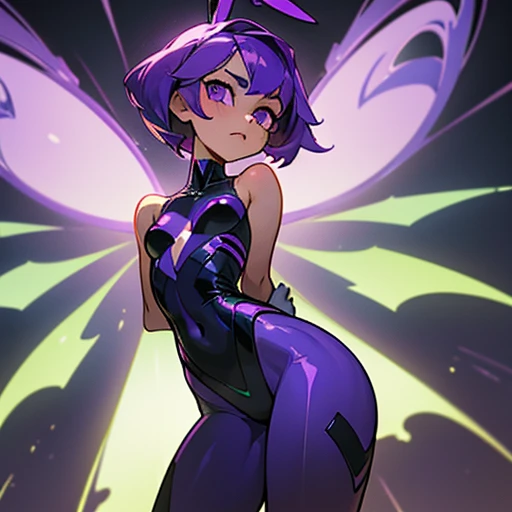 A girl with an angular face and violet eyes, a concentrated and analytical expression.
Short purple hair, styled in a modern and practical cut.
Body with a slim With wide hourglass-shaped hips and a small bust and athletic figure. Light skin. Reflects precision and efficiency.
Dressed in purple and green erotic bunny suit and with fairy wings With phosphor green technology elements