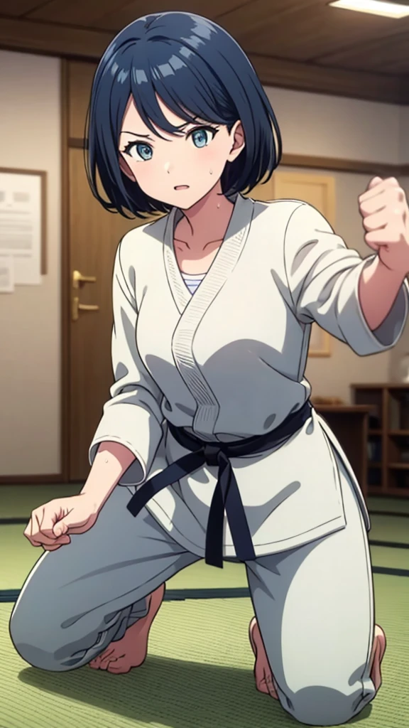 ((masterpiece, Highest quality, Very detailed, Very nice 8K CG wallpaper)), , A little thick, Medium Hair, Navy Blue Hair, short hair, Dark blue eyes,judo player、長袖judo着、Large bust、ロングjudoパンツ、judo、Serious expression、Inside the judo Gymnasium、、On the tatami、discovery、One Girl、Combat Stance、A tough fight、Hoshino Ichika、Bust Size D Cup、Clenched hands(punch:1.3)、Spread your legs、Sweating