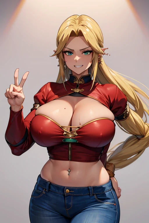 8k(small jeans,Red dress) Masterpiece(woman,Huge breasts,Huge breasts:1.5,とても唇が赤いHuge breastsを強調,Big Ass,Narrow waist,Long legs,Green Eyes Standing) 8k(((Anime Style,Henyohe 8k((Anime Style,A sloppy smile,What we are looking for,Face mischievous face,The facial expression is accurate))))) 8k(Staring at me) 8k((Focus on the face)) 8k(衣装がTight fit) 8k(きれいなwoman) 8k(Tight fit) 8k(Model standing) (Alice in Wonderland) 8k((Making a peace sign:1.7))8k(Piercing in the ears:1.3)8k(Belly button piercing:1.3)