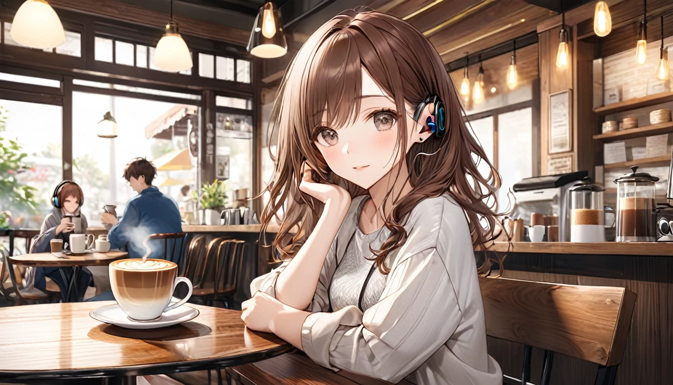Brown-haired girl wearing headphones、Quiet Cafe Highly detailed、masterpiece, Highest quality, Light background：Quiet cafe look：Relaxing and enjoying coffee：Casual clothing pose：Sitting at a table in a café、Scene with coffee cup in hand：The quiet atmosphere of the cafe and the aroma of coffee
(Detailed fingers), (Emotional), (Breathtakingly beautiful), (main part:1.2 Whole body), (Anime Style), (Very detailed), (超High resolution, High resolution), (8k), (Complex and beautiful: 1.2)
