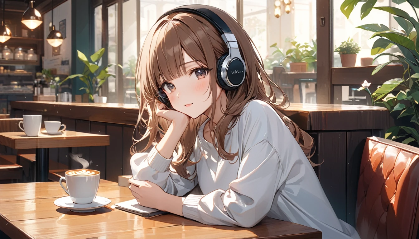 Brown-haired girl wearing headphones、Quiet Cafe Highly detailed、masterpiece, Highest quality, Light background:Quiet cafe look:Relaxing and enjoying coffee:Casual clothing pose:Sitting at a table in a café、Scene with coffee cup in hand:The quiet atmosphere of the cafe and the aroma of coffee
(Detailed fingers), (Emotional), (Breathtakingly beautiful), (main part:1.2 Whole body), (Anime Style), (Very detailed), (超High resolution, High resolution), (8k), (Complex and beautiful: 1.2)