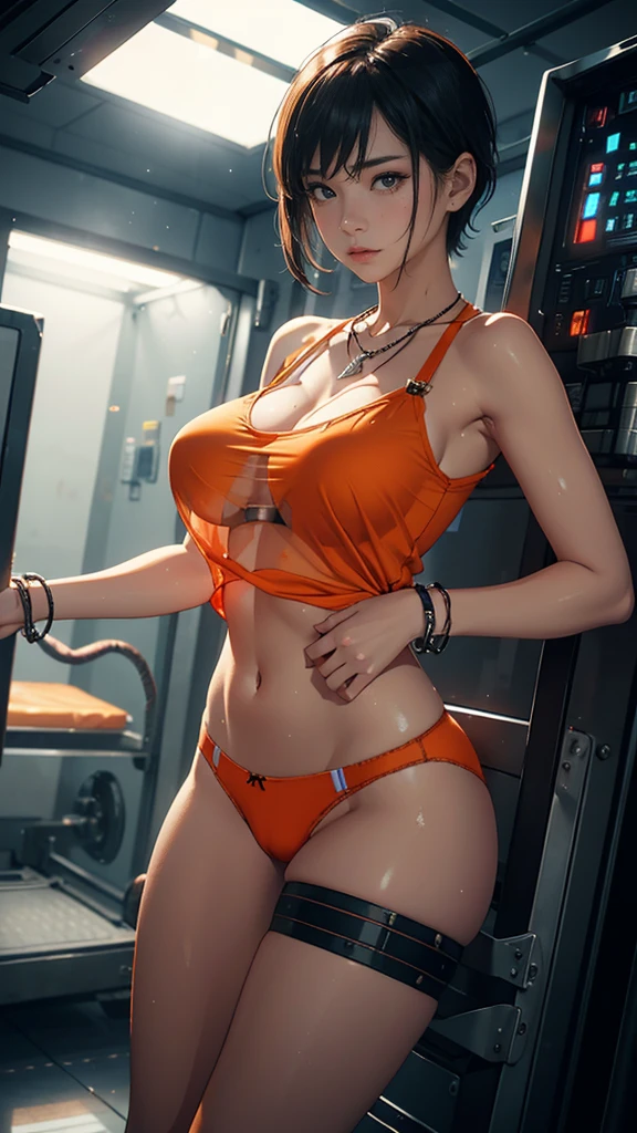 (view from the corner), Woman, 21 years old, big breast, perfect body, lying on a metal stretcher, connected to a machine, perfect body, hands tied to the metal stretcher, legs open, Latina skin, (background: prision cell), (wearing: transparent top orange with serial number and lights), medical equipment around, syringes in the background, (underwear: short boxers with transparent lights), necklace with lights, transparent thigh bracelets, (face: crying expression), sweat on the skin. detail in the skin, short hair, soft lighting, robot guard in the background