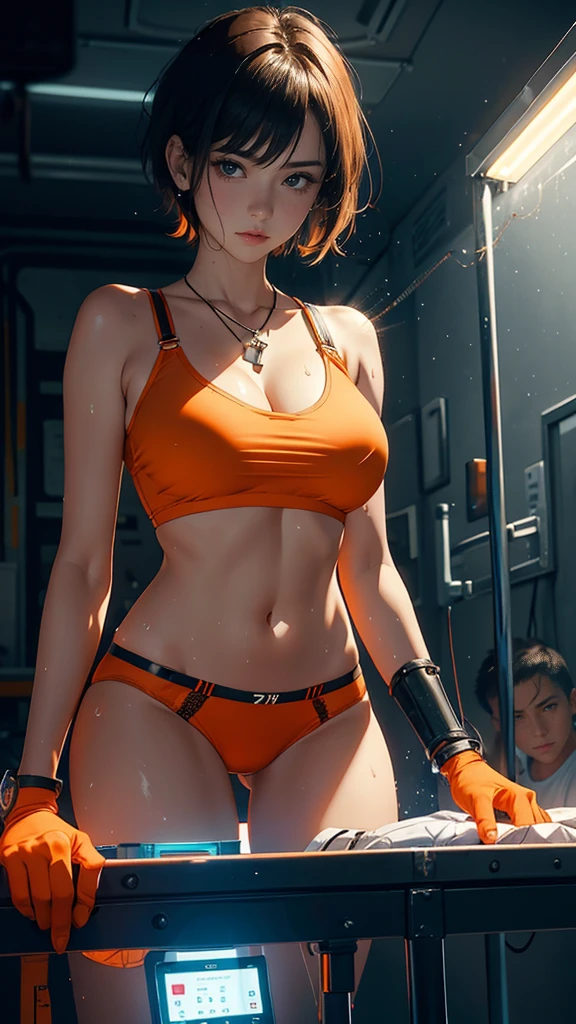(view from the corner), Woman, 21 years old, big breast, perfect body, lying on a metal stretcher, connected to a machine, perfect body, hands tied to the metal stretcher, legs open, Latina skin, (background: prision cell), (wearing: transparent top orange with serial number and lights), medical equipment around, syringes in the background, (underwear: short boxers with transparent lights), necklace with lights, transparent thigh bracelets, (face: crying expression), sweat on the skin. detail in the skin, short hair, soft lighting, robot guard in the background