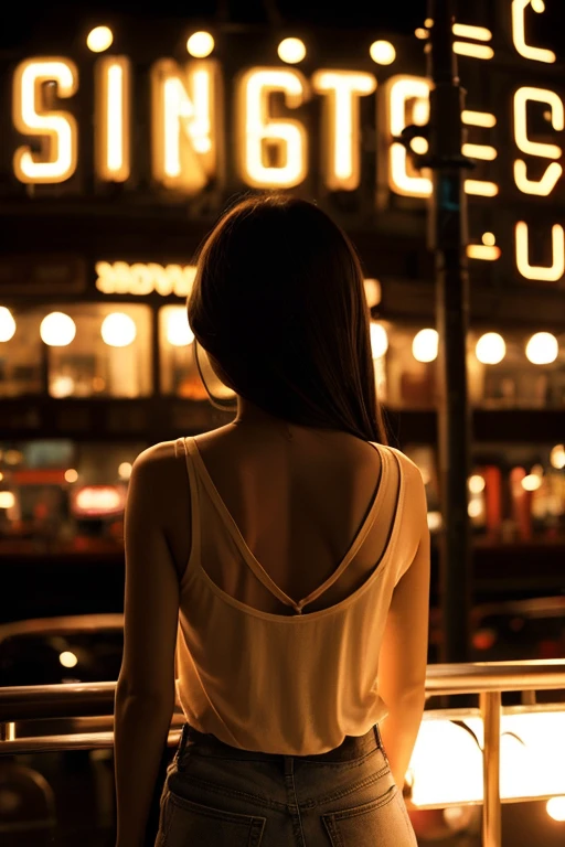 Sepia city night view、Cinema neon、Back view of a lonely young woman