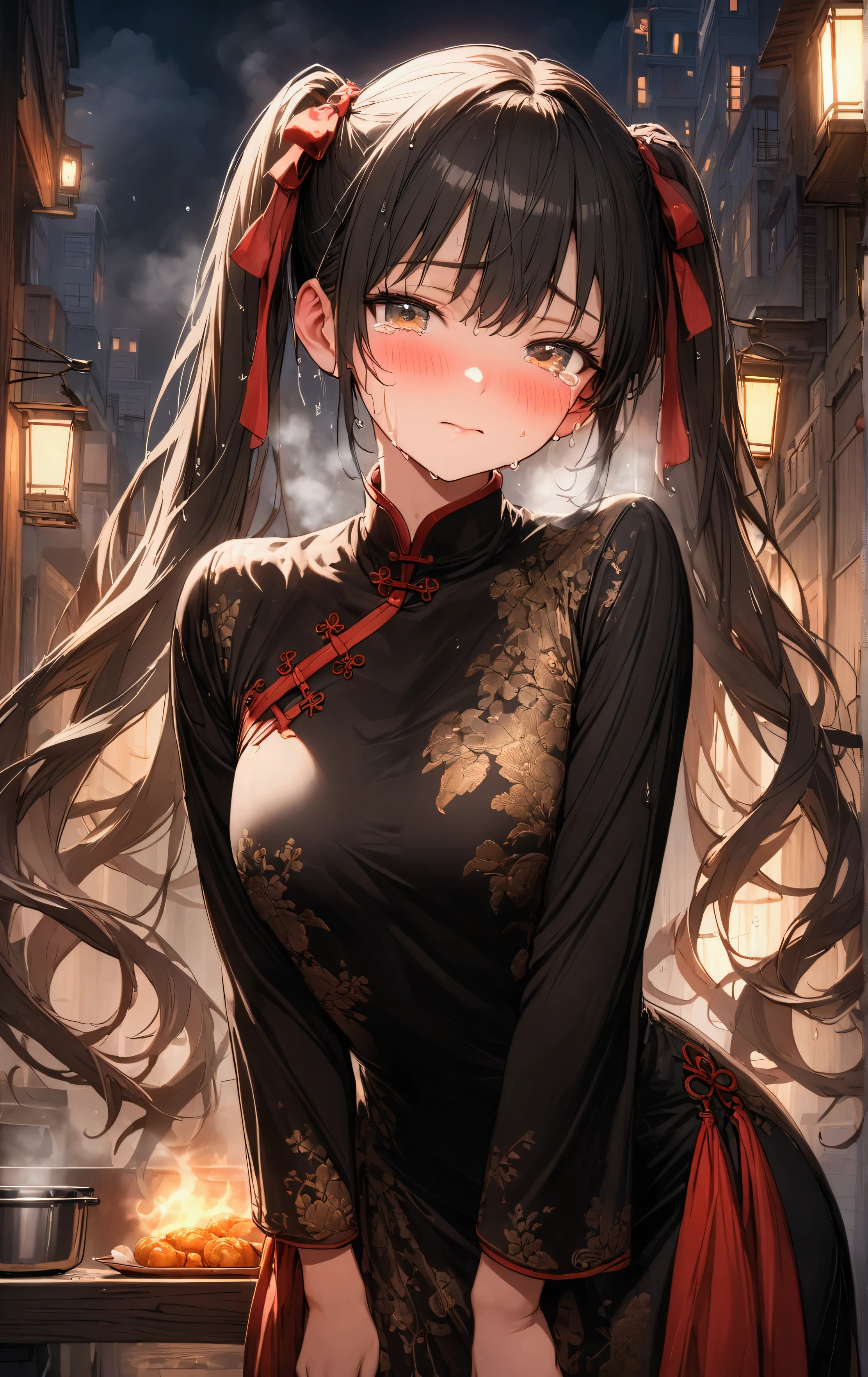Twin tails、Highly detailed Chinese dress, Looks about 15 years old, (beautiful girl: 1.3),Highest quality,8k,Highly detailed CG unit wallpaper,masterpiece:1.2,top-quality,Ultra-high resolution,RAW Photos,real texture skin,Cinema Lighting,Embarrassing,blush, vapor,Wet,Sweat,Moist eyes,weak,Huge buildings,metropolis,A girl delivering Chinese food,A girl in tears because her delivery was late,Steam from cooking