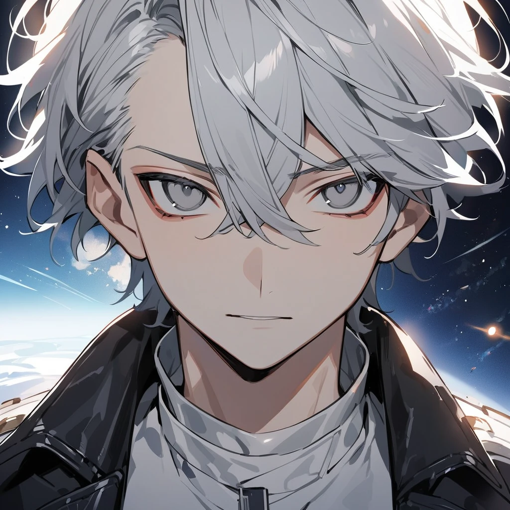 High quality, HD, 4k, no shadows, handsome male, 1male, 17 years old, teenager, short white hair, silver hair, white hair, sharp eyes, grey colored eyes, deep grey eyes, grey eyes, devil may cry, close up, calm expression, stoic expression, black leather clothes, white leather clothing, lean body, well trained body, upper body, looking at viewer, cowboy shot, white solar, space background