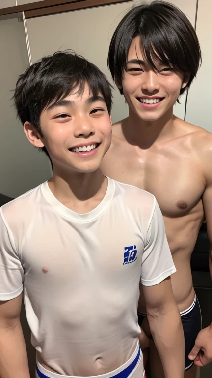 Japanese men、、Muscles and smooth skin、Swimmers、Very short black hair、Relaxed and friendly smile、White boxer briefs、The whole body is visible、Laughing with your mouth open、