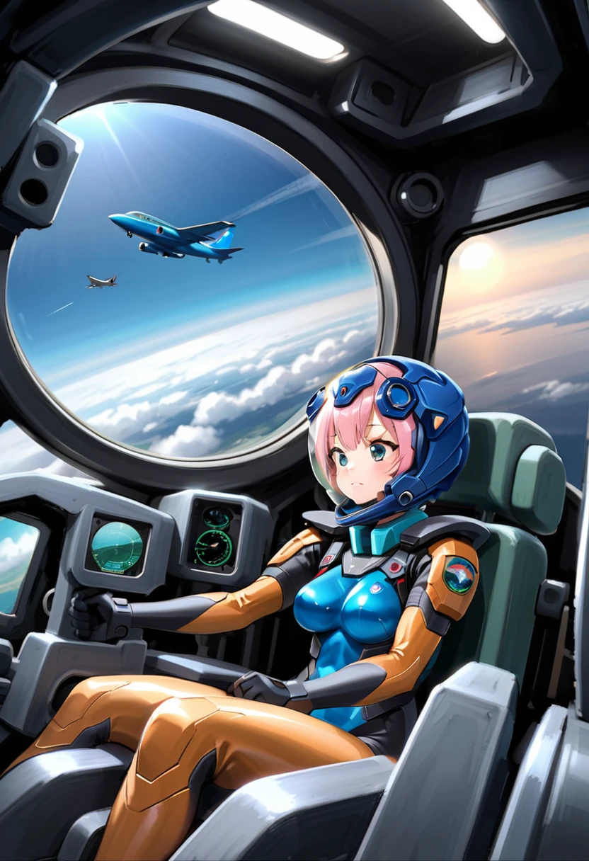 ((Female pilot in the cockpit of a reconnaissance plane), (airplane cockpit), (in flight), (10000 feet altitude)、(sky view):1.7),, short hair, street, emo, BLACK hair, white eyes, eyeliner, apocalypse, 2girl, nside the (cockpit:1.9) of a (futuristic spaceship:1.6), , blush covered navel, space helmet, muvluv, space helm, plug suit , space helmet, eva helm, space suit, short hair,, blue bodysuit, visor helmet, legs open,