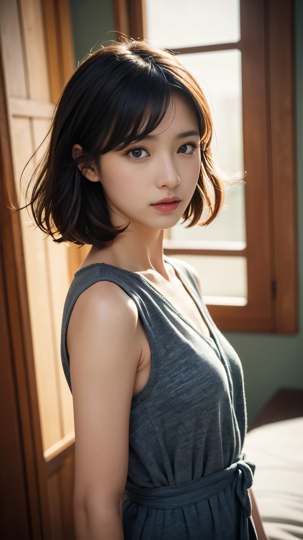 (Top Quality,Masterpiece:1.3,Ultra High Resolution,),(Highly Detailed,Caustics),(Photorealistic:1. 4,RAW Shooting,) Ultra Realistic Capture, Highly Detailed, High Resolution 16K suitable for human skin, Natural skin texture, Skin tone looks even and healthy, Natural light and color used Natural skin tone appears even and healthy, natural light and color, One woman, Japanese, cute, dark hair, medium hair, (depth of field, chromatic aberration, wide range of lighting, natural shading), (night indoor lighting: 1. 4), (hair waving in wind: 1), short hair, outside splashed edges