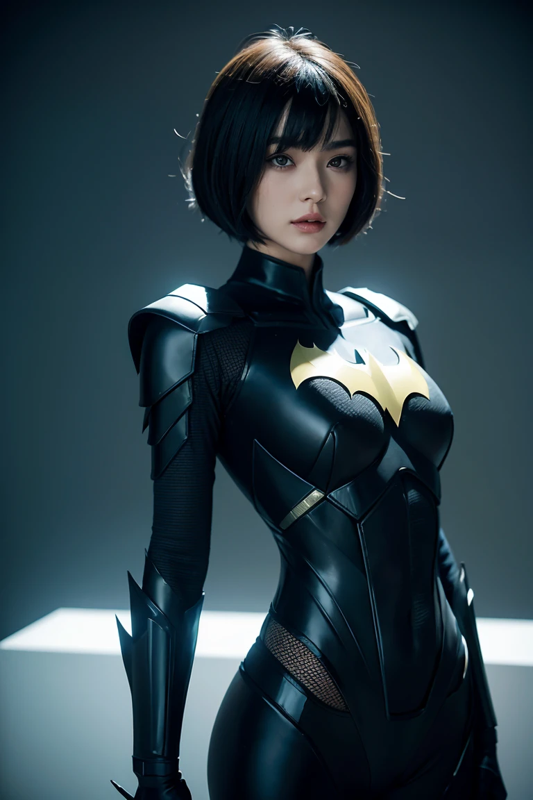masterpiece, 4k , hyperrealism , superhero batman and sexy batwomen (bobhaircut) standing side by side , ( futuristic armor suit)