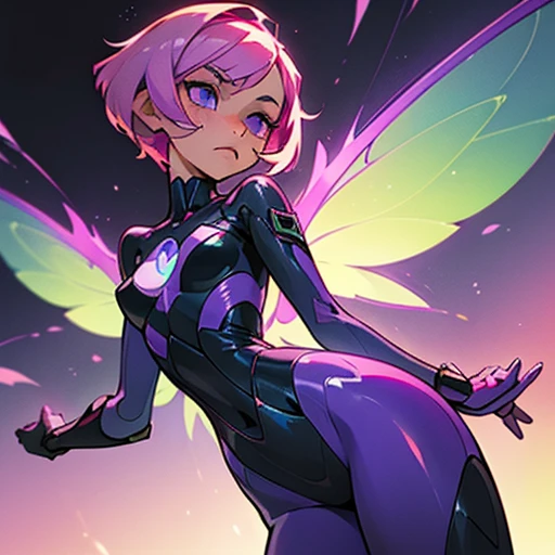 A girl with an angular face and violet eyes, a concentrated and analytical expression.

Short pink hair, styled in a modern and practical cut.

Body with a slim With wide hourglass-shaped hips and a small bust and athletic figure. Light skin. Reflects precision and efficiency.

Dressed in purple and green erotic suit and with fairy wings With phosphor green technology elements 