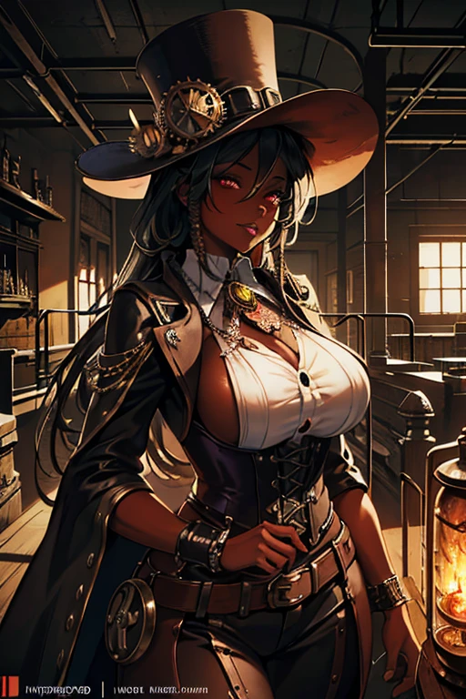 A beautiful dark-skinned woman with large breasts, wearing a corset and a top hat with a monocle, in a steampunk-inspired machine factory setting, winking with red eyes and her tongue sticking out, (best quality,4k,8k,highres,masterpiece:1.2),ultra-detailed,(realistic,photorealistic,photo-realistic:1.37),extremely detailed eyes and face,longeyelashes,detailed lips,detailed skin,detailed clothing,intricate machinery,industrial environment,moody lighting,warm colors,rich textures,steampunk,dreadlocks