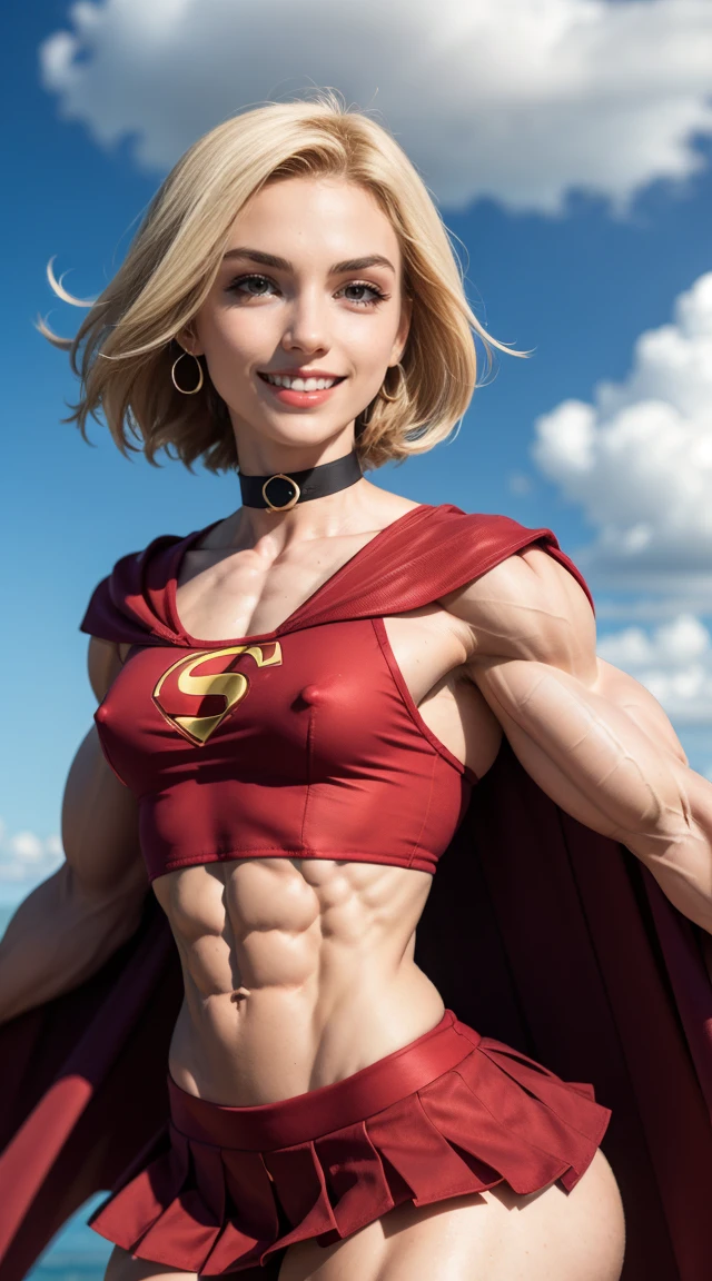 (Muscular:2), (thick thighs:2),
(blonde female:1.3), supergirl, (big smile:1.4), (android 18 haircut),
earrings, lipstick, eyeshadow,
(hard nipples:1.2),
(small red cape:1.3), (pleated skirt:1.6), (tanktop, midriff:1.2), choker,
(looking at viewer:1.6), (three quarter view), (upper body view:1.9), lowlegp,
(floating in midair, sky and clouds background:1.3), rim lighting, two tone lighting, dim lighting, bokeh, detailed skin, detailed eyes