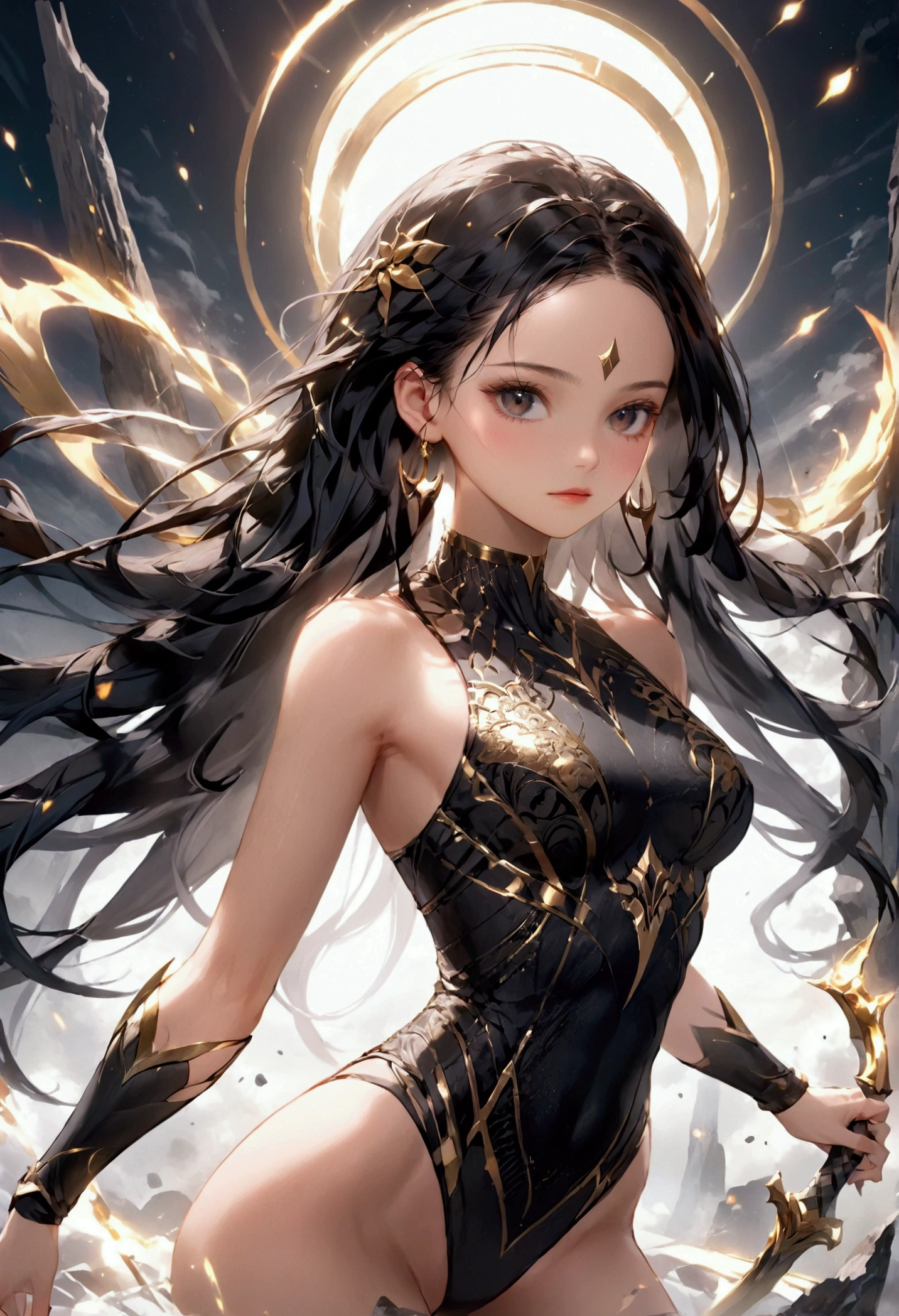 A girl with long black hair, black eyes, fair skin tone, slender and athletic built, warrior, detailed hair, detailed body, best quality, aesthetic,8k