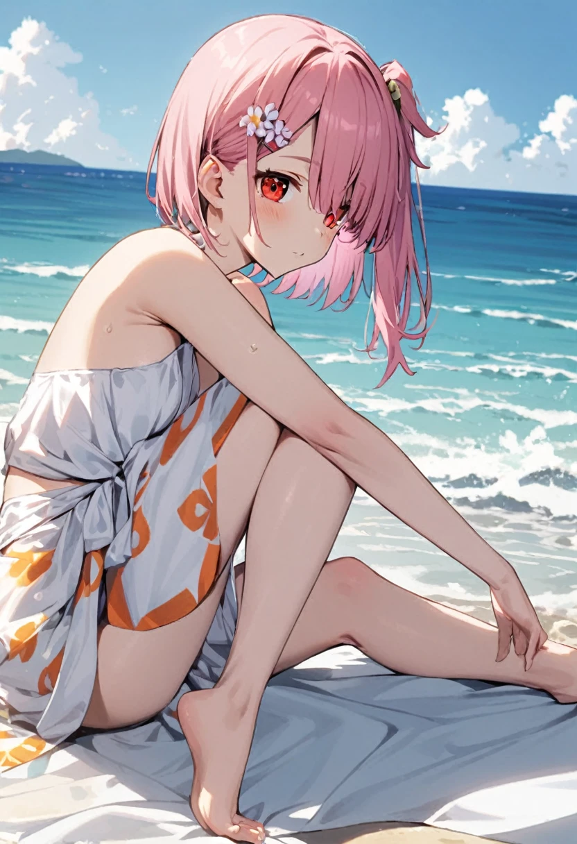1 girl(white pareo, pink hair, half side up hair, flower hair clip, red eye, barefoot), sea side, 海の家