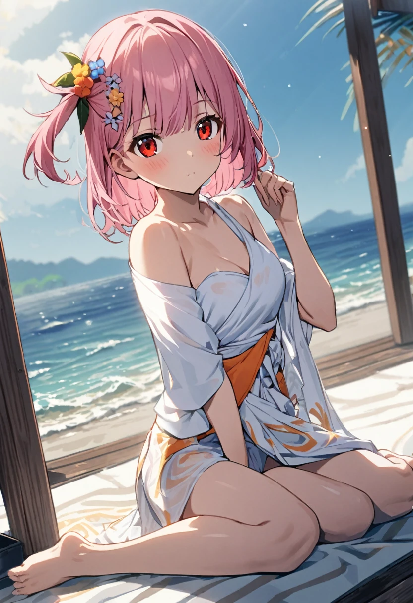 1 girl(white pareo, pink hair, half side up hair, flower hair clip, red eye, barefoot), sea side, 海の家