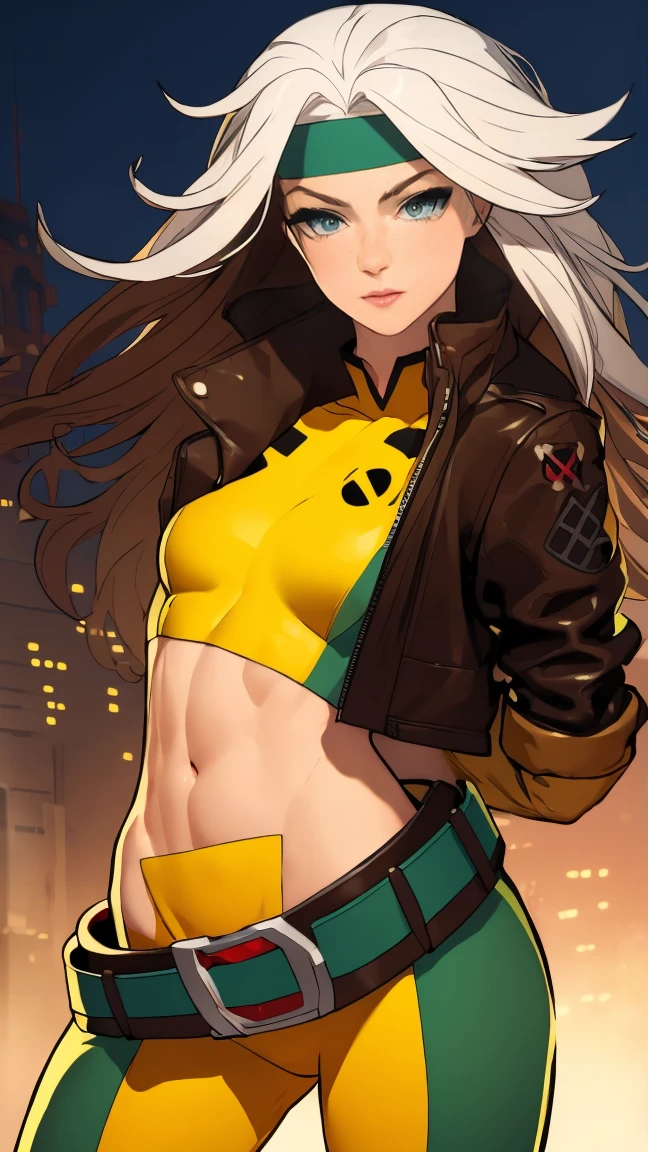 (Highly quality, masterpiece, detailed), night city detailed scenario, night city detailed background, 20 years old girl, solo, multi colored hair, white hair, brown hair, Superhero, Rogue, Xtreme, blue eyes, jacket, open clothes, belt, open jacket, headband, cropped legs, leather, leather jacket, green pants, yellow pants, yellow leather top, green leather top, crop top, navel, perfect face, beautiful eyes, perfect eyes, looking at the viewer, Sexy pose