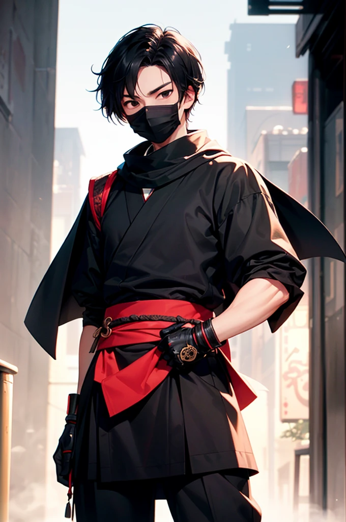 (((masterpiece; best quality: 1.2))), (finely detailed eyes: 1.3), (25 year old man), (solo), (black eyes: 1.4), (body; lean, masculine: 1.3), (very short black hair: 1.3), (beautiful and clear background: 1.2), ((depth of field)), (equipment: black shinobi garb + modest + black kimono + black pants + black scarf + black bracers + black mask: 1.3), (anime illustration: 1.2), (background composition; old japanese mansion + night: 1.1), (extremely fine and handsome: 1.1), (shot composition; standing + centered on torso + close-up: 1.5), (expression; calm, stoic: 1.2)
