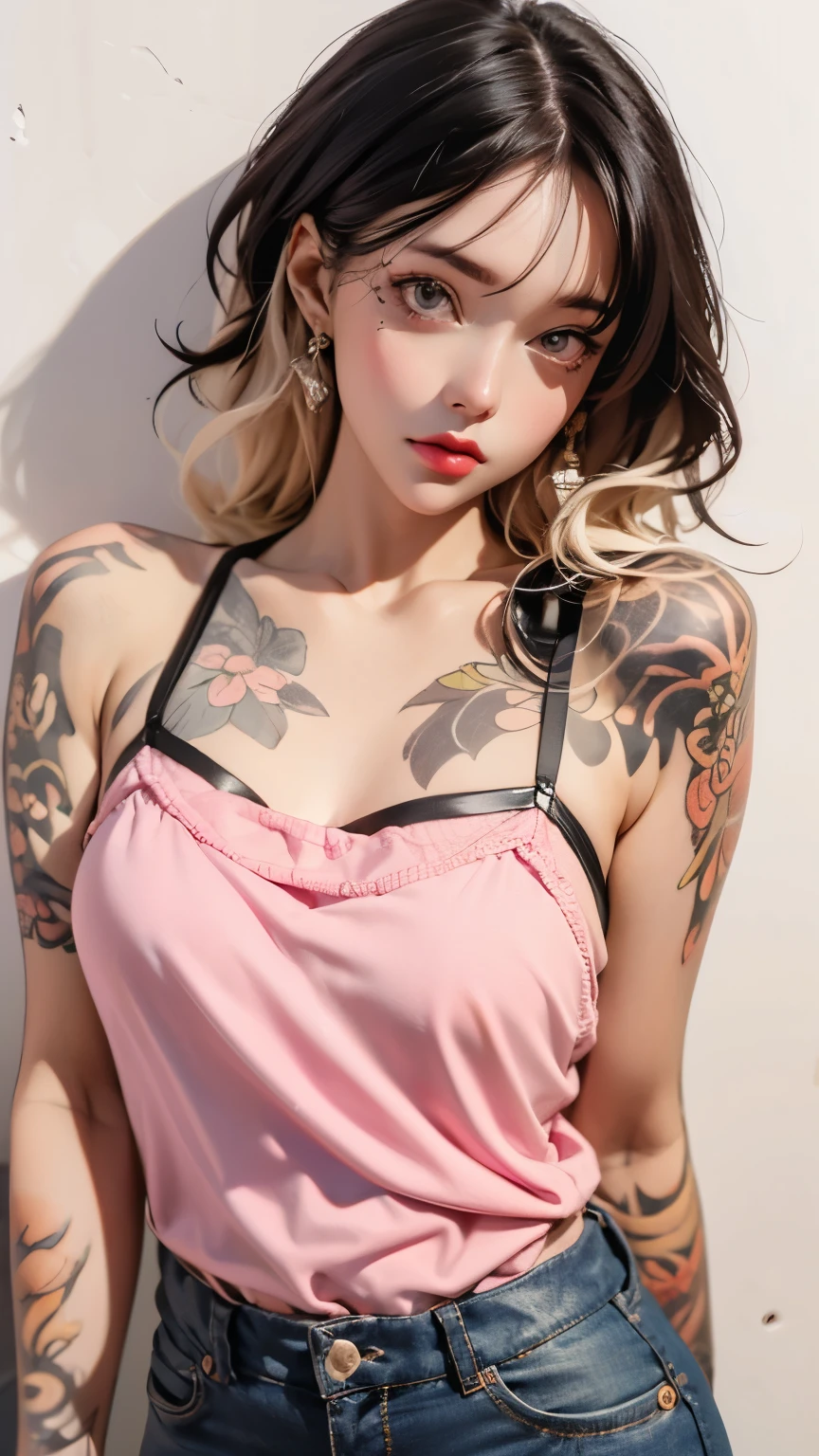 Thin-strap camisole, hot pants, pink thin clothes, slimming look, short curly black hair, detailed eyes, detailed face, detailed skin, sidelong glance, narrow eyes, gentle expression, casual background, mole under eye,