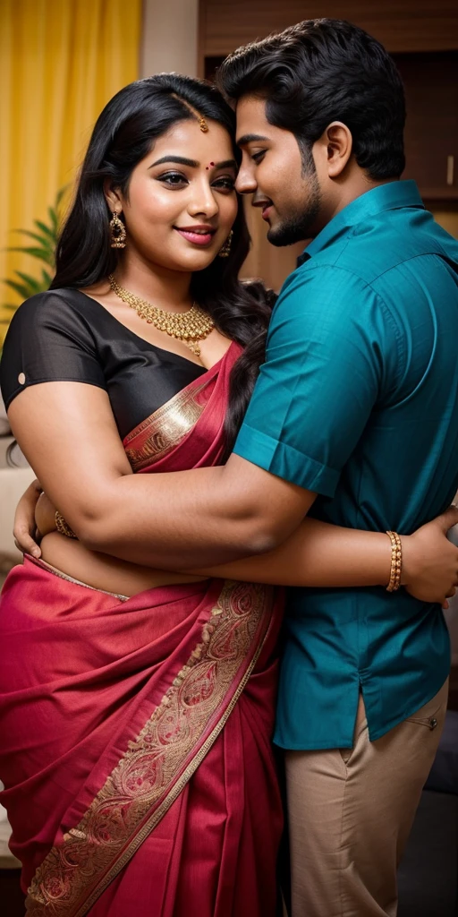 a  50-year-old shirtless man  affectionately hugging and kissing aradiant, full-figured South Indian plus-sized 30 year old teacher wearing a blue silky saree in  dressing room, captured in a full-body image with vibrant hues and meticulous details. Full body image