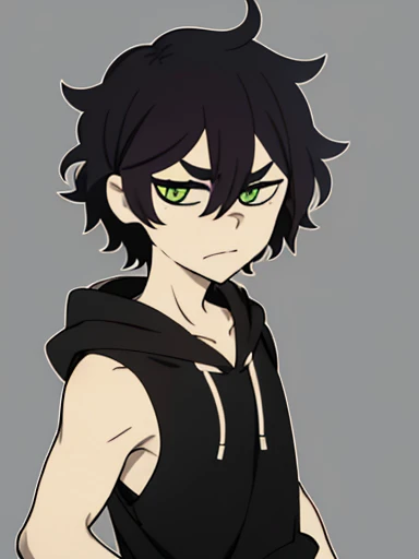 highres, monochrome,tcoaal, solo, looking at viewer, short hair, shirt, 1boy, Andy, hair between eyes, closed mouth,black hair, green eyes, Body, ahoge, Sleeveless hoodie, male focus, Simple background, messy hair, bright pupils, outline, white pupils, purple shirt, white outline,
