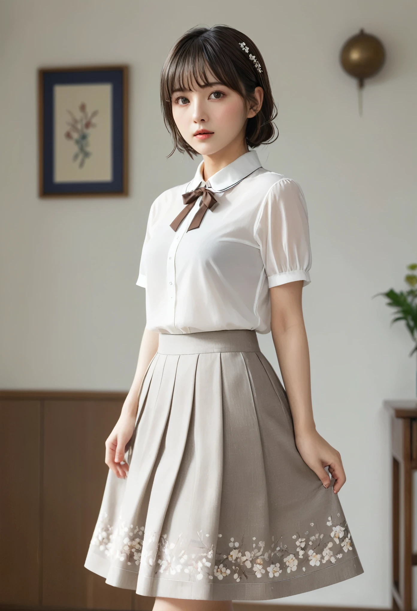 (masterpiece), (最high quality), (Very detailedな), (Best Shadow), (photoRealistic:1.4), Frilled blouse, skirt, white ankle socks, (((((Long shot of a woman walking slowly))))), high quality, masterpiece, Very detailedな, High resolution, 4K, 超High resolution, Detailed Shadows, Ultra-realistic, Dramatic lighting, One Girl, alone, Detailed face, Realistic eyes, Realistic Skin, Dynamic Hair, Dynamic pose, Dynamic Angle, White floral dress, White Background, Urzan-6500-v1.1, (RAW Photos:1.2), ( Realistic:1.4), Beautiful detailed girl, Very detailed eyes and face, Beautiful attention to detail, Ridiculous, incredibly Ridiculous, Large file size, Very detailedな, High resolution, Very detailed, 最high quality, (Bright interior), (Soft Light), (Low contrast), (Shallow depth of field), (portrait of a beautiful woman illuminated by gentle light), (Very delicate and elegant depiction), (Short bangs), (Hair color is dark chestnut with a slight brown tinge), (Hair with subtle and gentle waves), (small, Intricate side braids on long hair), (Decorated with thin ribbons), ( White blouse with small frills), (bow tie), (青いロングskirt), (White short ankle socks), shape, Very detailed, CG, Unified, 8k wallpaper, wonderful, Finer details, 最high quality, Very detailed CG Unified 8k wallpaper, Face Light, Cinema Lighting, One Girl, ,