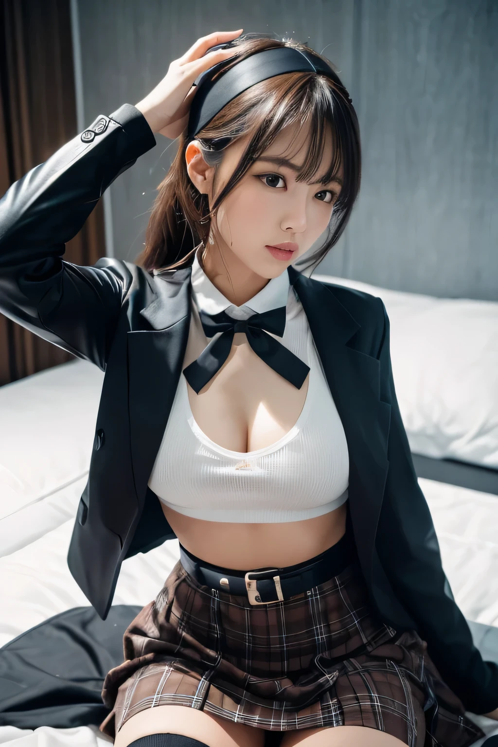 1 female, , high quality, masterpiece, Ultra-high resolution, , Cinema Lighting, , , 1 female, , high quality, masterpiece, Ultra-high resolution, , Cinema Lighting, , , And the suspenders with the cranes flying　　　Moderate 　 　 　　　　Large Breasts　Small face　 　　　　　　　　　　 Lying in bed　Looking up　　　　Sweat 　　　Thin belt　buzzer　脇Sweat 　Black Hole Gloves　suit　　　　 　Garter belt　Leg Links　Belt on pants　　holster　 　　Hands behind your back　 Anxious expression　Looking up　Anxious face　Knee-high　Knee socks　Knee-highソックス Garter belt　garter　ふとももにGarter belt　Checkered mini skirt　 Headband　ribbon　Panty shot　Skip Armament　　　Leg holster　holster 　　Hands behind your back　 Anxious expression　Looking up　Anxious face, legs apart　Armament　　Leg holster　holster　See-through clothing　heavy rain　Getting wet in the rain
