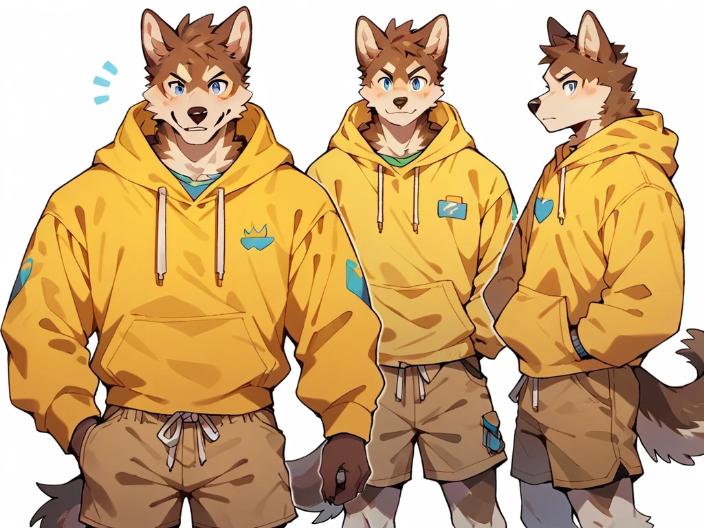 score_9, score_8_up, score_7_up, high quality, hires, anthro, male, husky, brown fur, brown ears, mostly white fur, blue eyes, yellow hoodie, brown shorts, white background,