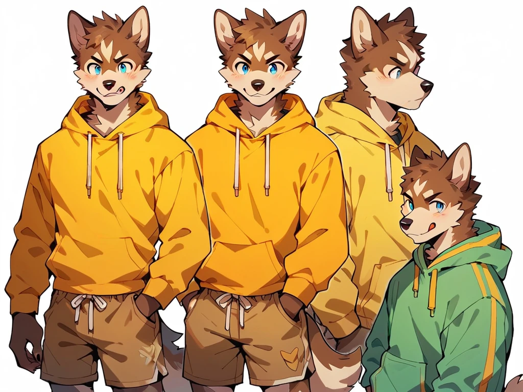 score_9, score_8_up, score_7_up, high quality, hires, anthro, male, husky, brown fur, brown ears, mostly white fur, blue eyes, yellow hoodie, brown shorts, white background,