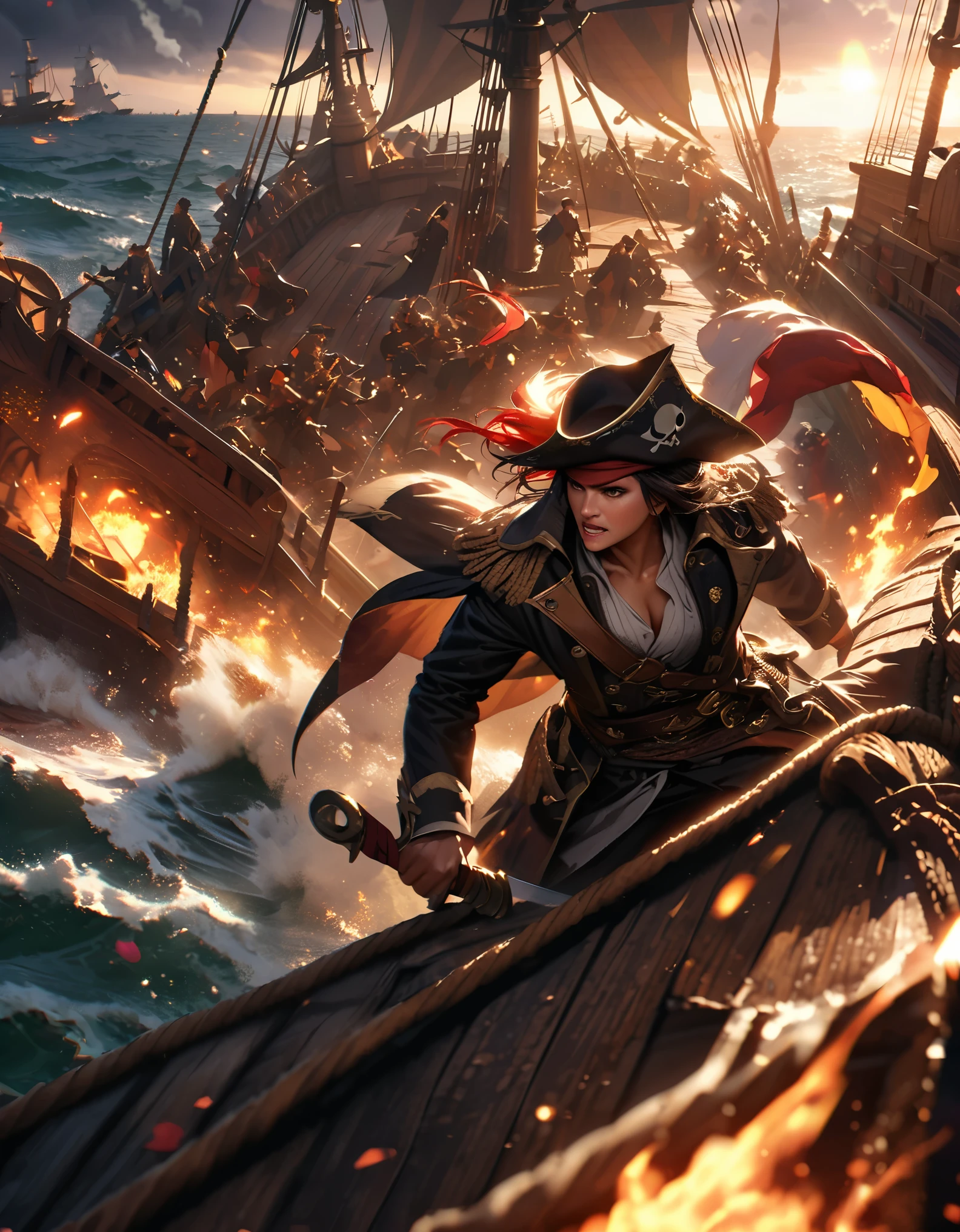 Masterpiece, Best Quality, Super Detailed, High Definition, Expensive Resolution, HDR, Realistic, Depth, Fine Texture, Super Fine, Complete concentration, epic pirate battle, pirates on deck, intense sword fight, detailed pirate ship, chaotic battle scene, stormy sea, dark clouds, fire and smoke, dramatic action, intricate details, volumetric lighting, atmospheric lighting, lens flare, Cinematic light, colorful light, particles, dynamic composition, vibrant colors, vivid colors, professional, ultra-detailed, pirate flags, detailed ship textures, pirates in action, ropes and sails, broken masts, treasure chests, intense combat, detailed wooden textures, pirate attire, fierce expressions, clashing swords, cinematic battle scene, pirate war