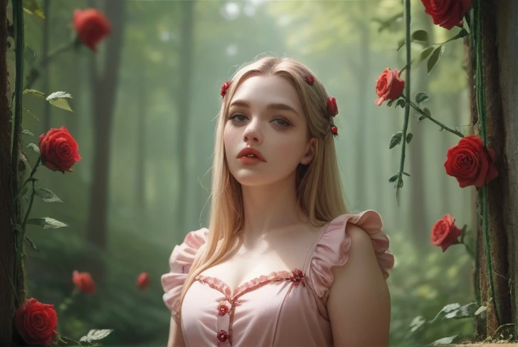 A girl with the beauty of a Targaryen, with blonde hair and purple eyes, with pale skin. In a very light pink dress, with red spots. is in a forest, supported by skin and wrists by rose vines.