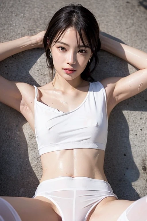 Highest quality, masterpiece, (Original photo, Professional photography, photoRealistic, Realistic:1.3), Highly Detailed CG 16K Unity Wallpaper, (Best aesthetics, Natural light:1.1), Ultra-high resolution, (Correct Anatomy:1.5), ((Highly detailed skin texture:1.1)), ((Head to thigh photo:1.3)), Japanese women, alone, Looking into the camera, (Small breasts:1.4), (Soaking wet:1.3), (Beautiful thighs:1.1), Black Hair, (Water dripping around the collarbone:1.5), Pretty detailed skin, Detailed breast shape、Dark Eyes, ((Captivating look:1.4)), Detailed nose, mouth half open, (Perfect Anatomy:1.3), ((Sheer white mini T-shirt、Thin white bloomers:1.5)), ((Beautiful body lines:1.4)), ((Beautiful breast shape:1.2)), (((Place your arms behind your head:1.5))), (((Sleep on your back:1.4))), (((Please raise your knees、Spread your legs:1.2)))、Beautiful crotch、Accurate anatomy、Trance、Attractive style、Genitalia details、Detailed groin area、Beautiful abdomen、