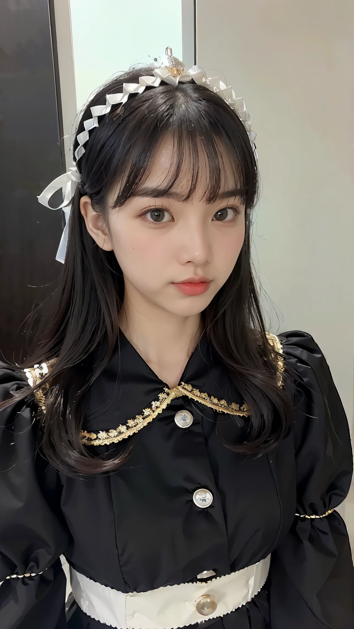 best quality, (photorealistic:1.2), 1girl, solo, detailed face, face focus, standing, black hair,(hair ornament:1.35),school uniform, ribbon-trimmed sleeves, detached sleeves, ribbon trim, wide sleeves, (looking at viewer:1.5) long hair, black eyes, bangs, lips,xiaotuntunshu <lora:Lora_v10:1>