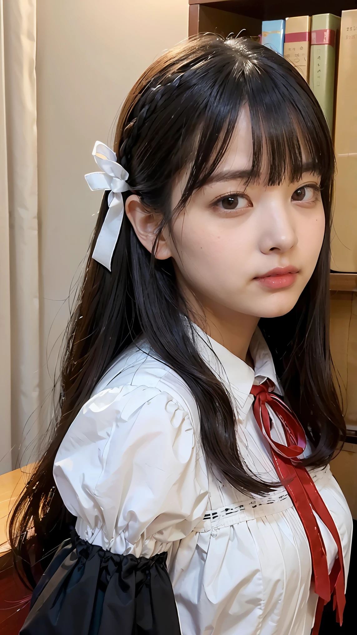 best quality, (photorealistic:1.2), 1girl, solo, detailed face, face focus, standing, black hair,(hair ornament:1.35),office lady, ribbon-trimmed sleeves, detached sleeves, ribbon trim, wide sleeves, (looking at viewer:1.5) long hair, black eyes, bangs, lips,