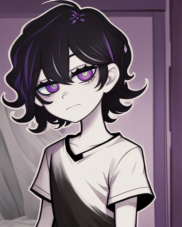 monochrome,tcoaal, solo, looking at viewer, short hair, shirt, 1boy, hair between eyes, closed mouth,black hair, heterochromia, blue eyes, purple eyes, upper body, ahoge, short sleeves, male focus, bedroom background, messy hair, bright pupils, outline, white pupils, black shirt, white outline, 