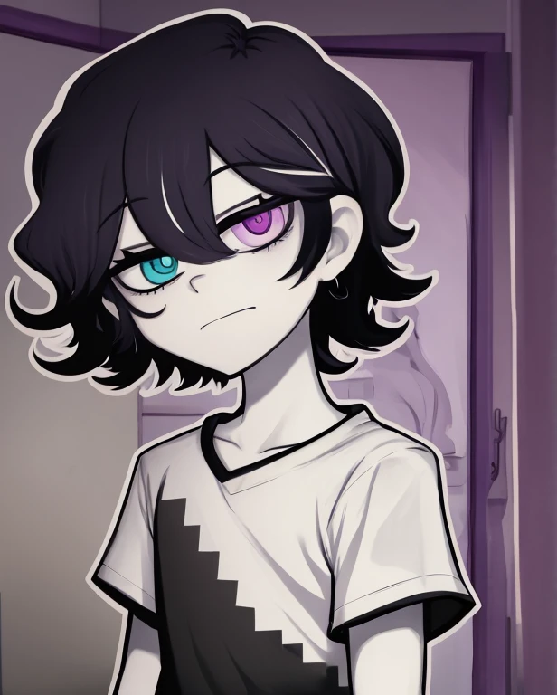 monochrome,tcoaal, solo, looking at viewer, short hair, shirt, 1boy, hair between eyes, closed mouth,black hair, heterochromia, blue eyes, purple eyes, upper body, ahoge, short sleeves, male focus, bedroom background, messy hair, bright pupils, outline, white pupils, black shirt, white outline, 