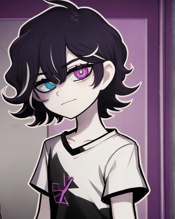 monochrome,tcoaal, solo, looking at viewer, short hair, shirt, 1boy, hair between eyes, closed mouth,black hair, heterochromia, blue eyes, purple eyes, upper body, ahoge, short sleeves, male focus, bedroom background, messy hair, bright pupils, outline, white pupils, black shirt, white outline,