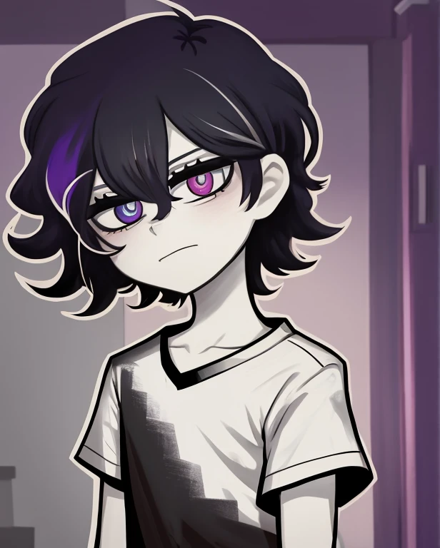 monochrome,tcoaal, solo, looking at viewer, short hair, shirt, 1boy, hair between eyes, closed mouth,black hair, heterochromia, blue eyes, purple eyes, upper body, ahoge, short sleeves, male focus, bedroom background, messy hair, bright pupils, outline, white pupils, black shirt, white outline,
