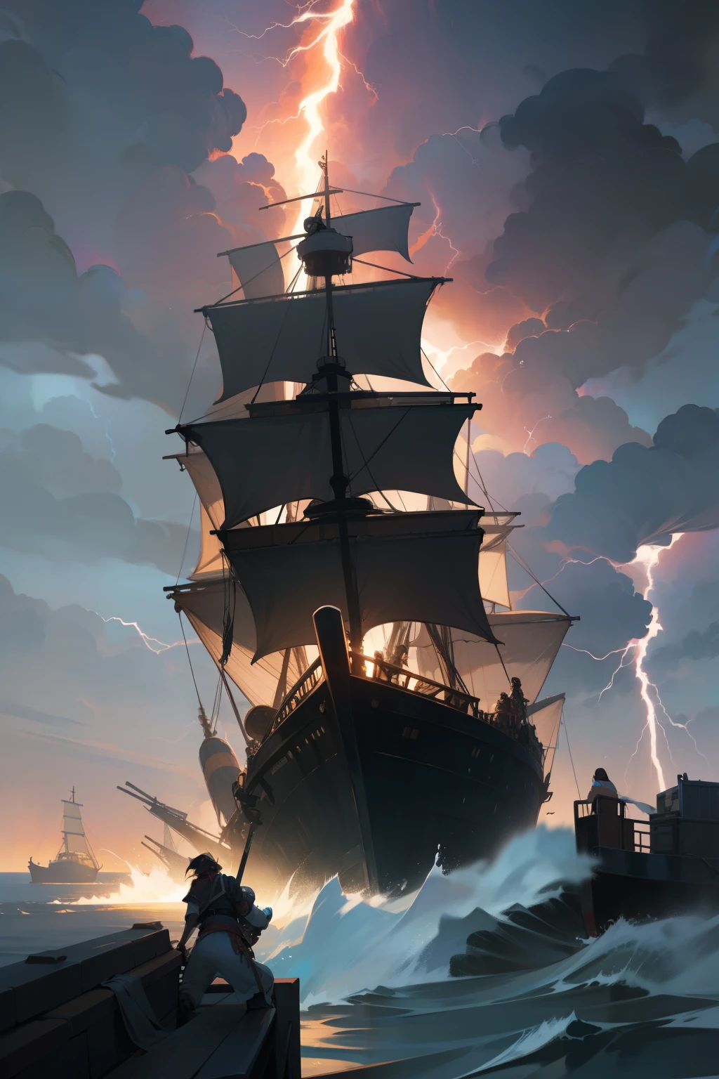 best quality, 8k, high resolution, detailed, realistic, Pirate wars, Pirate ships colliding with each other, scuffle, raging sea, cannon firings, melee, lightning strikes, dark clouds, storms, 