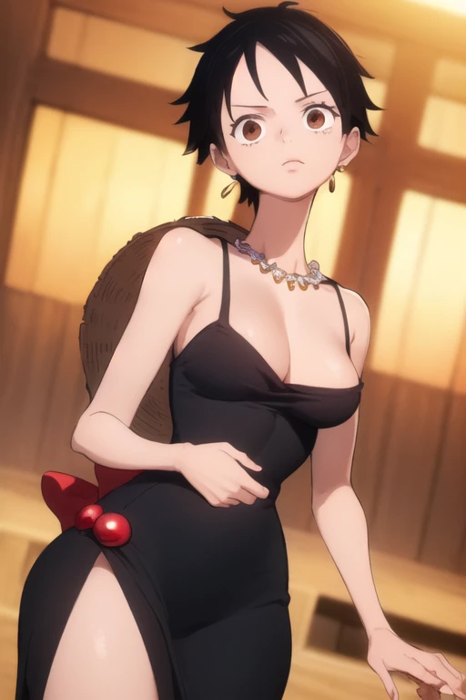 (masterpiece, best quality), beautiful detailed face, monkey_d_luffy, Luffy female, straw hat, scar under eye, genderswap, brown eyes, short black hair, elegant sleeveless dress, diamond necklace, emerald earrings, in the hall, intricate details, photorealistic, 8k, chiaroscuro lighting, ethereal atmosphere, jewel-toned colors