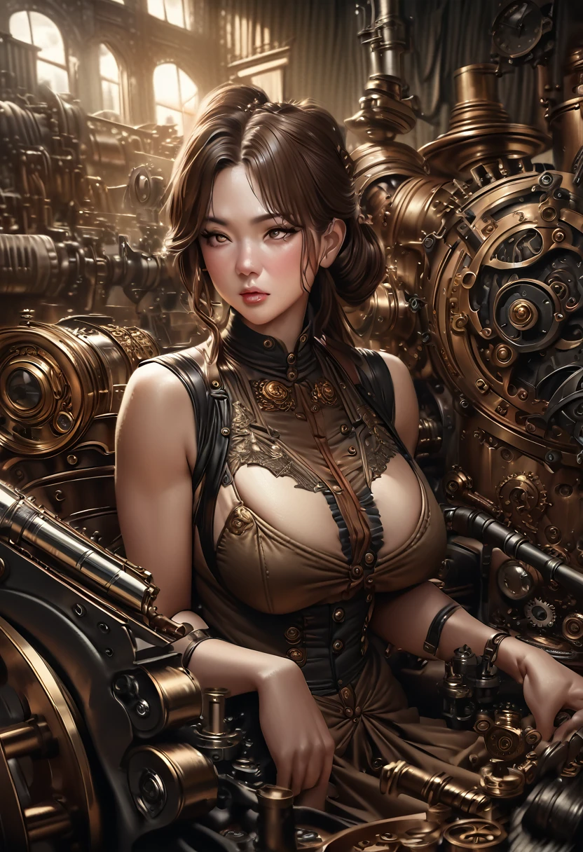 1girl, steampunk, Different hairstyles, gnome, different hair colours, female engineer, revealing workwear, goggles, perfect body, 80% body exposed, Provocative postures, intricate machinery, brass and copper accents, cogs and gears, futuristic cityscape, warm lighting, muted color palette, cinematic composition, photorealistic, 8k, best quality, masterpiece