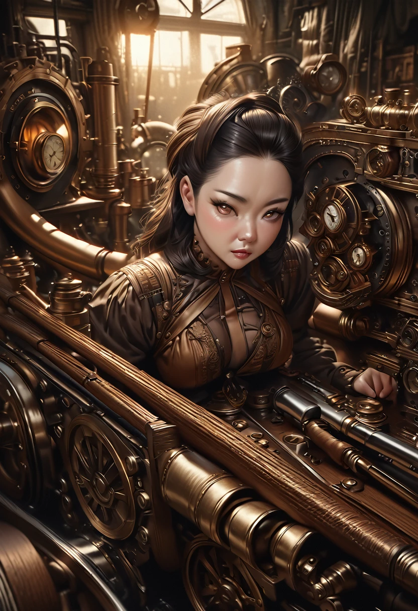 clockwork old Ben, beautiful busty Asian woman steampunk, intricate steampunk machinery, brass gears, cogs, and pipes, Victorian era fashion, moody lighting, warm color tones, highly detailed, photorealistic, masterpiece, (best quality,8k,highres,masterpiece:1.2),ultra-detailed,(realistic,photorealistic,photo-realistic:1.37)
