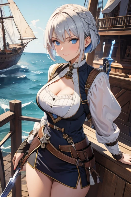 A woman with silver bob hair and blue eyes, extremely detailed and realistic, masterpiece quality, ultra-detailed, HDR, vivid colors, physically-based rendering, pirates, pirates war, on the wooden big ship, ((She is wielding a large saber)), she is a pirates king,