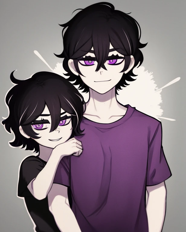 monochrome,tcoaal, solo, looking at viewer, short hair, shirt, 1boy, hair between eyes, closed mouth,black hair, purple eyes, upper body, ahoge, short sleeves, male focus, black background, messy hair, bright pupils, outline, white pupils, purple shirt, white outline, smiling