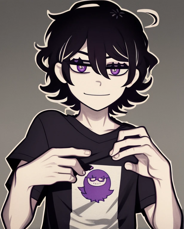 monochrome,tcoaal, solo, looking at viewer, short hair, shirt, 1boy, hair between eyes, closed mouth,black hair,  purple eyes, upper body, ahoge, short sleeves, male focus, black background, messy hair, bright pupils, outline, white pupils, purple shirt, white outline, smiling